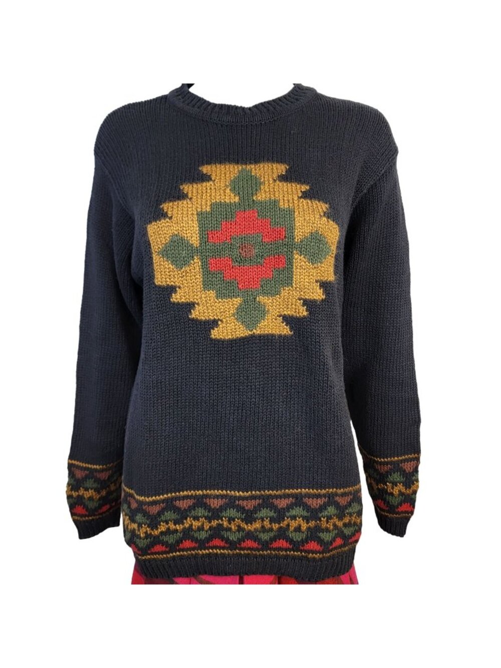 Vintage 90s Aztec Sweater Women Small Black Pullover Geometric Shirt Top 6 Boho